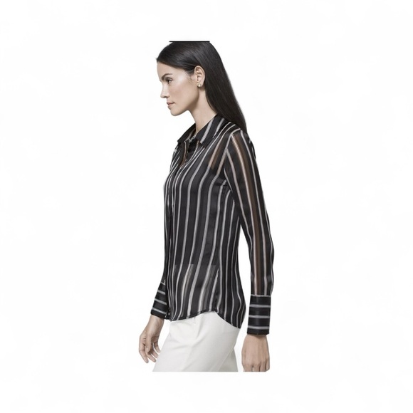 White House Black Market Black Sheer Shadow Stripe Button Down Shirt size 10 EUC - Picture 3 of 11